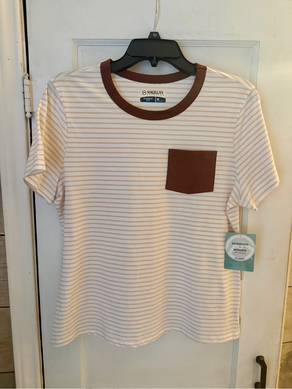 Magellan Outdoors Cream & Brown Striped Pocket Tee